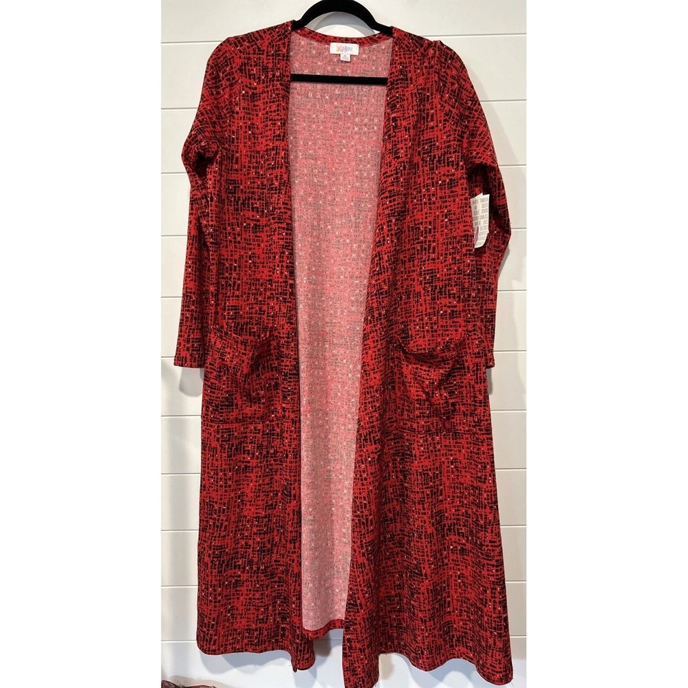 LuLaRoe Sarah Cardigan Womens Medium Red‎ Black Duster NWT